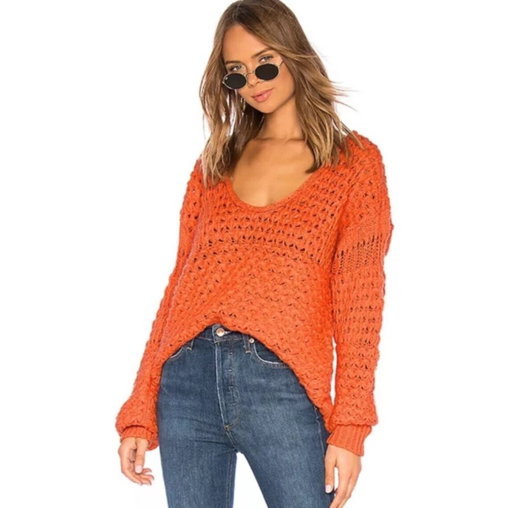 Free People Crashing‎ Waves Pullover Wool Blend Oversized Sweater Orange Size XS